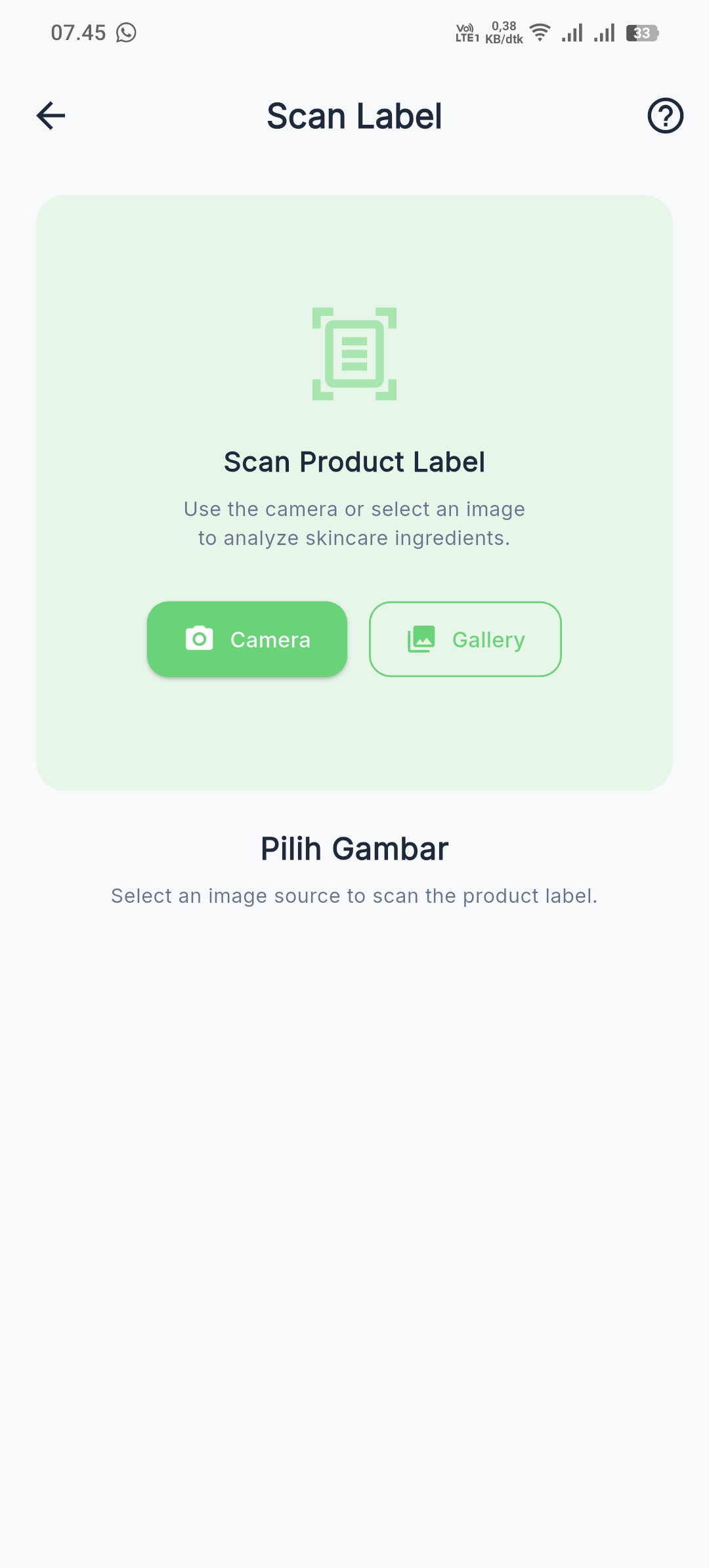 Dermify product scanning screen